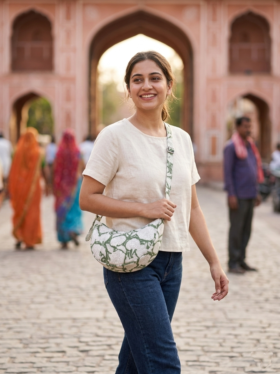 Exquisite Hand-Blocked Cotton Shoulder Green Colour Bag – Premium Leather Lined Accessory