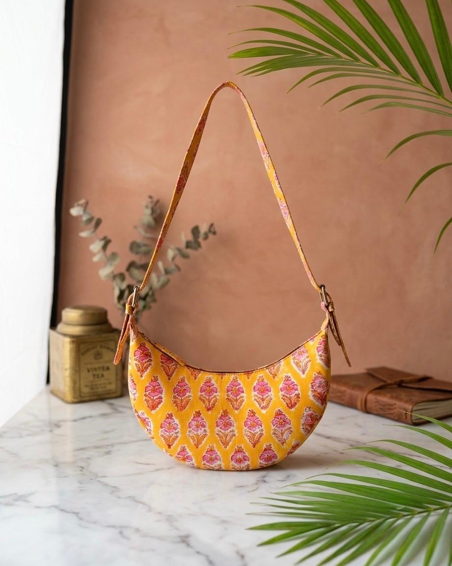 Exquisite Hand-Blocked Cotton Shoulder Yellow and Pink Bag – Premium Leather Lined Accessory