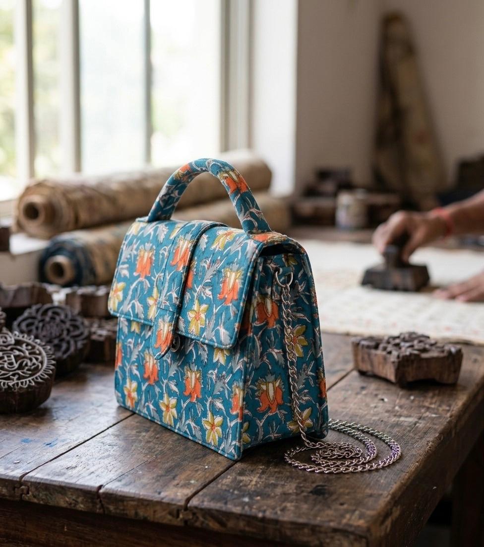 Luxury Hand-Block Print Sling Bag | Women’s Leather-Lined Crossbody l Blue and Orange Colour
