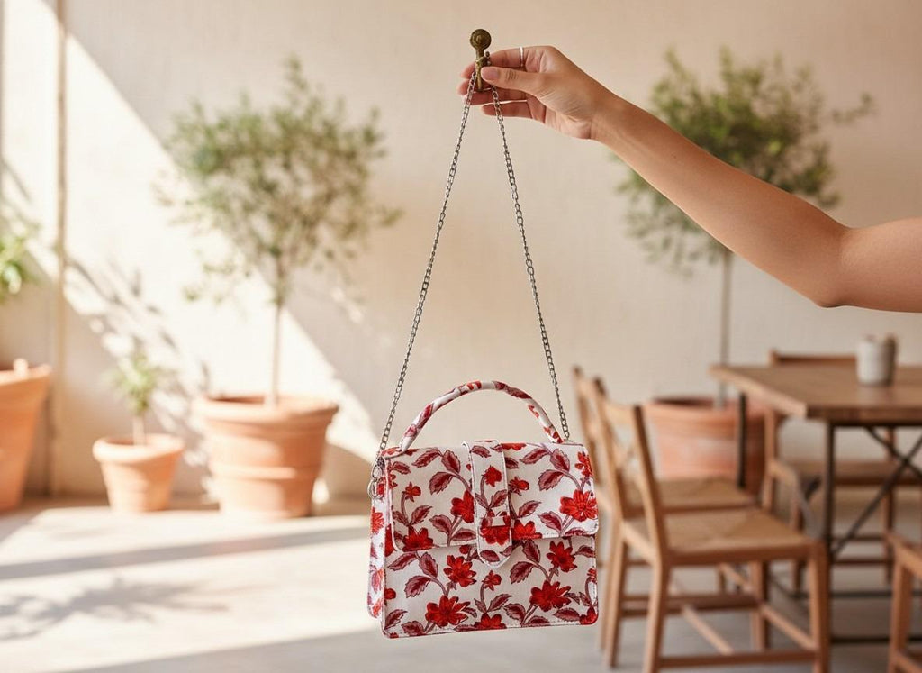 Luxury Hand-Block Print Sling Bag | Women’s Leather-Lined Crossbody l Red and White Colour