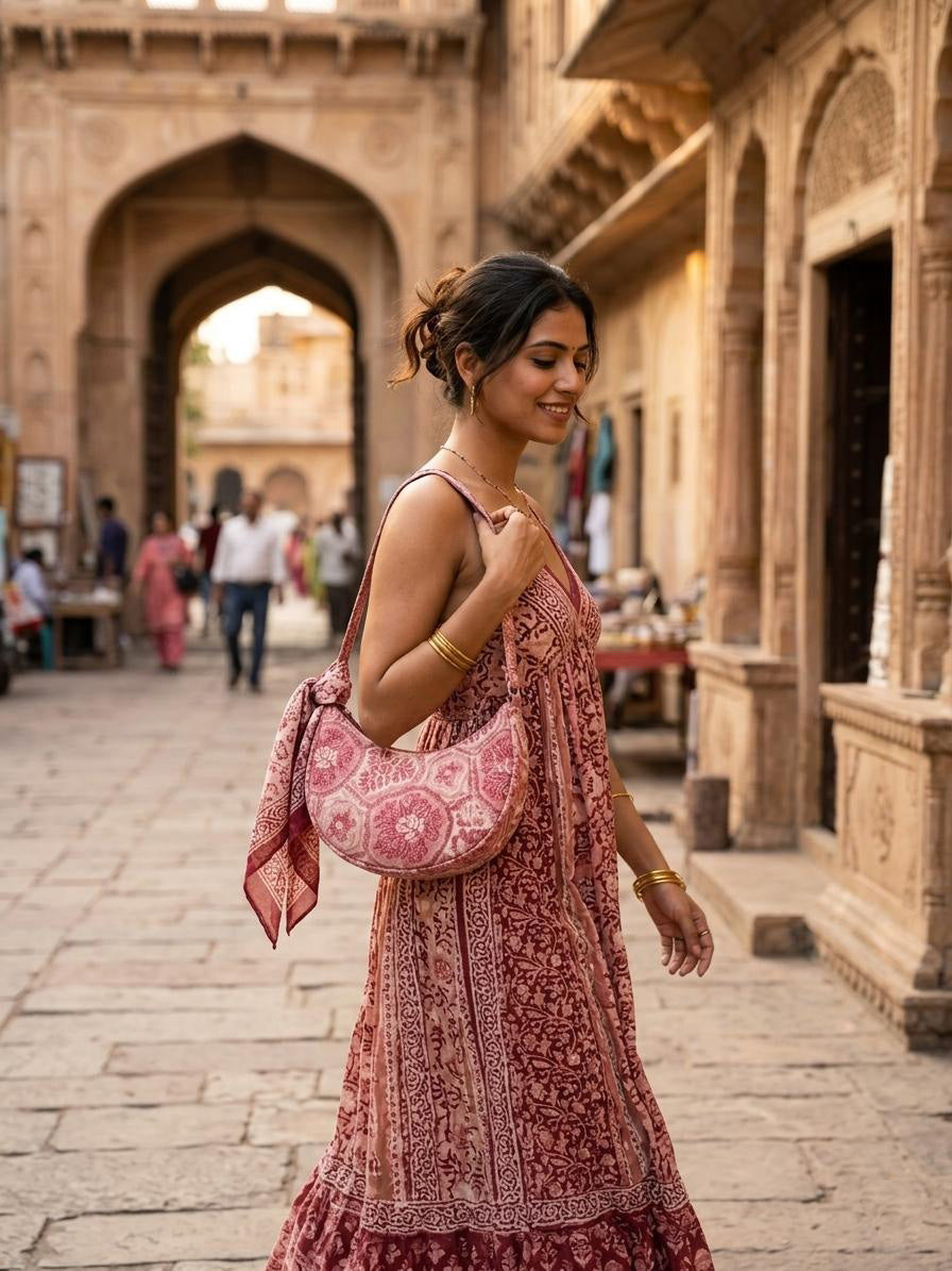 Exquisite Hand-Blocked Cotton Shoulder Pink Colour Bag – Premium Leather Lined Accessory