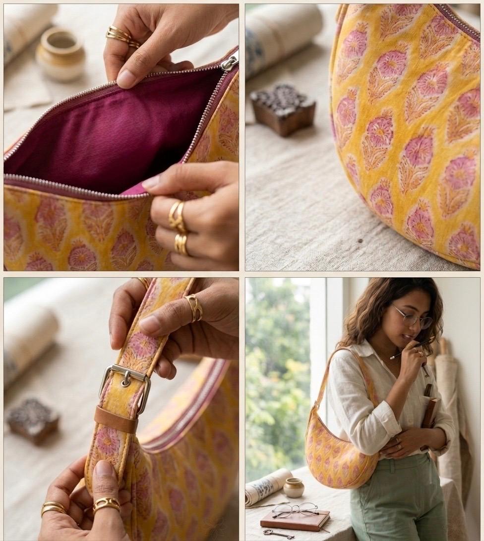 Exquisite Hand-Blocked Cotton Shoulder Yellow colour Bag – Premium Leather Lined Accessory
