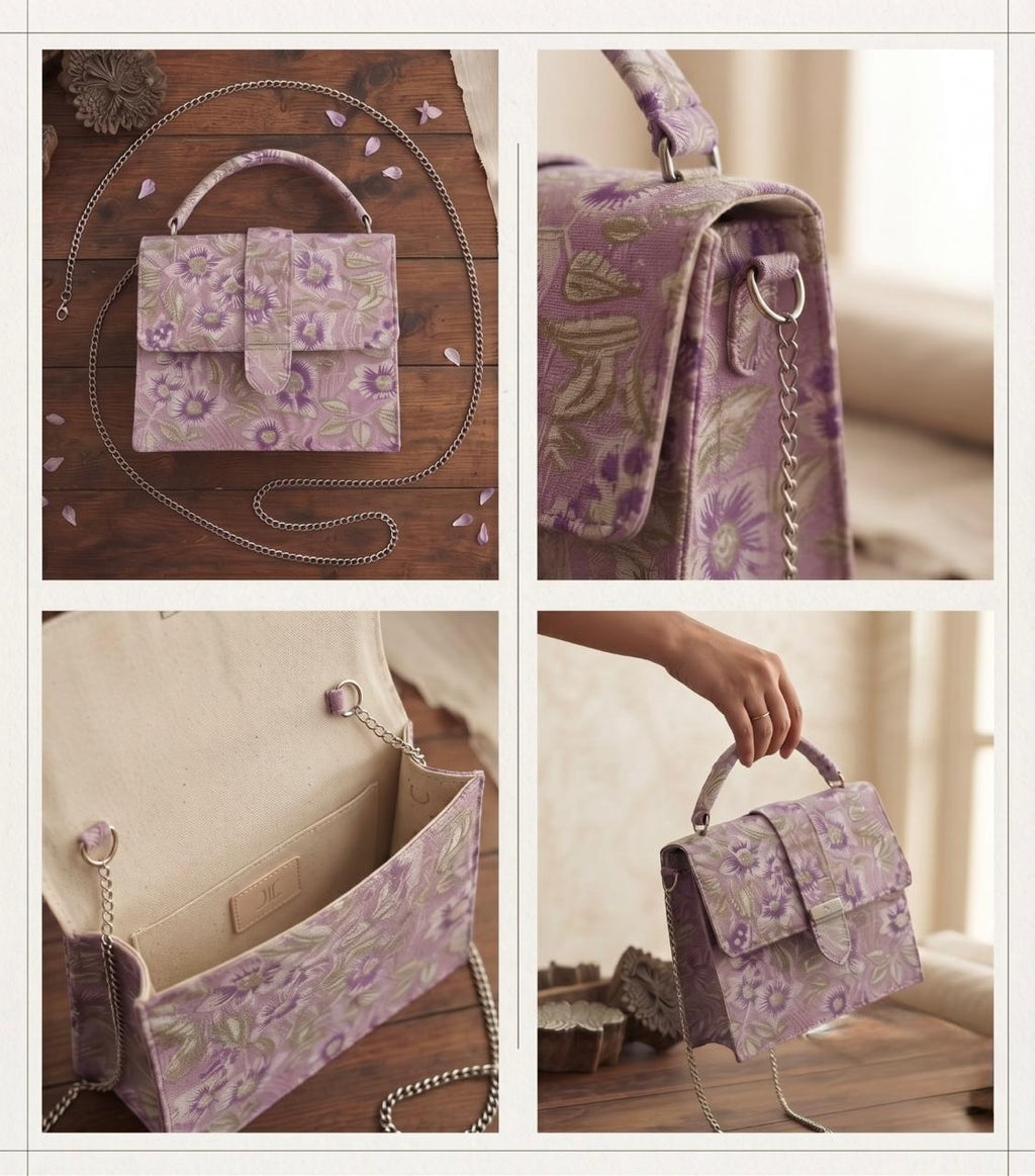 Luxury Hand-Block Print Sling Bag | Women’s Leather-Lined Crossbody l Purple and White Colour