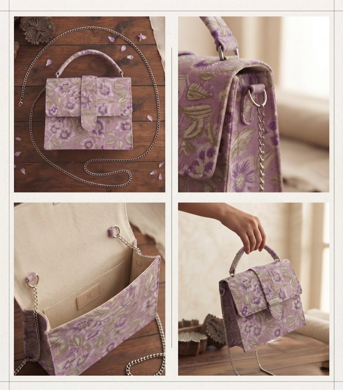 Luxury Hand-Block Print Sling Bag | Women’s Leather-Lined Crossbody l Purple and White Colour