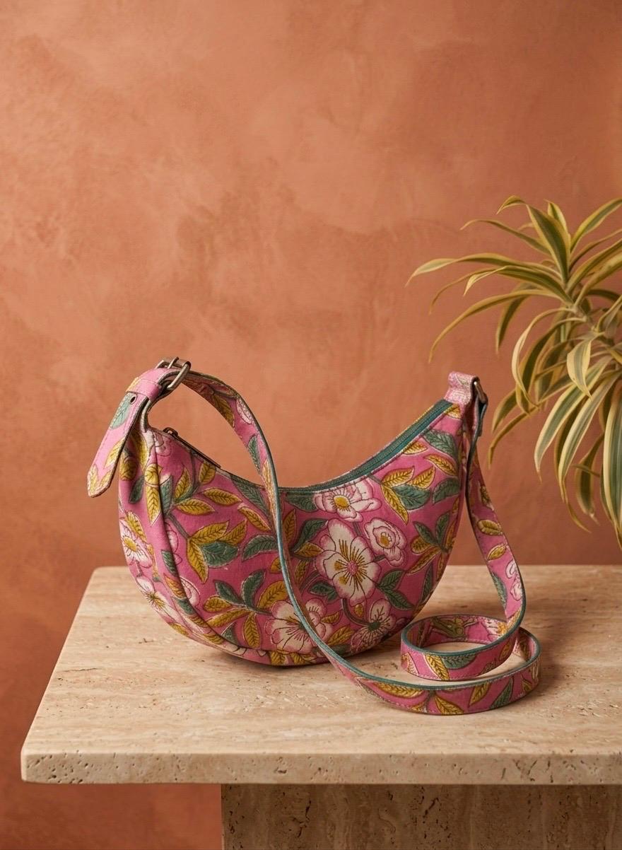 Exquisite Hand-Blocked Cotton Shoulder Pink and Green Bag – Premium Leather Lined Accessory