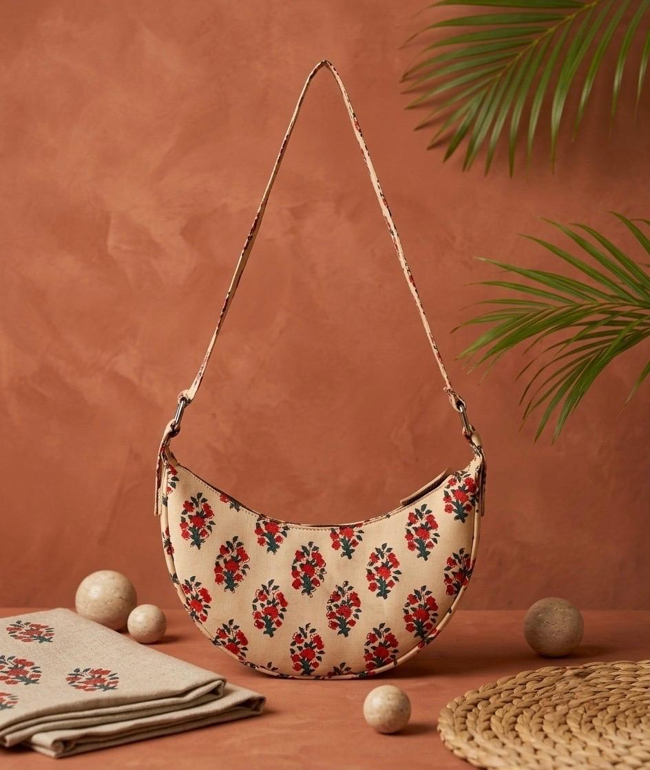 Exquisite Hand-Blocked Cotton Shoulder Red and Beige Bag – Premium Leather Lined Accessory