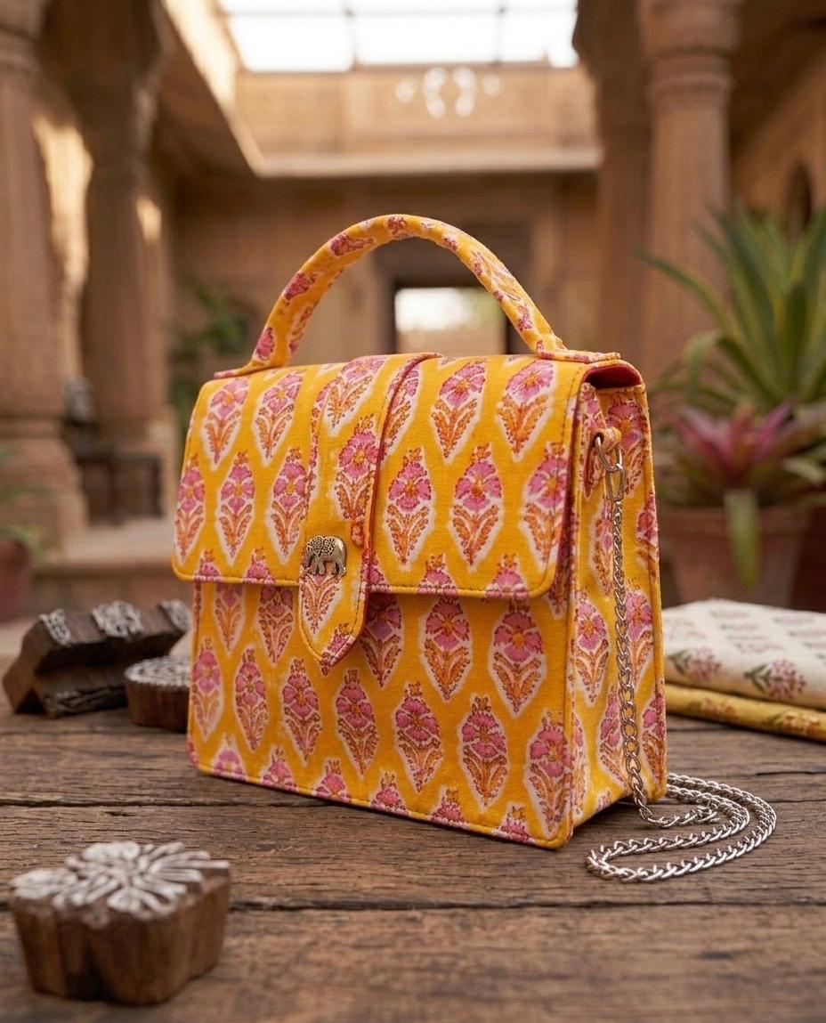 Luxury Hand-Block Print Sling Bag | Women’s Leather-Lined Crossbody l Yellow and Pink Colour