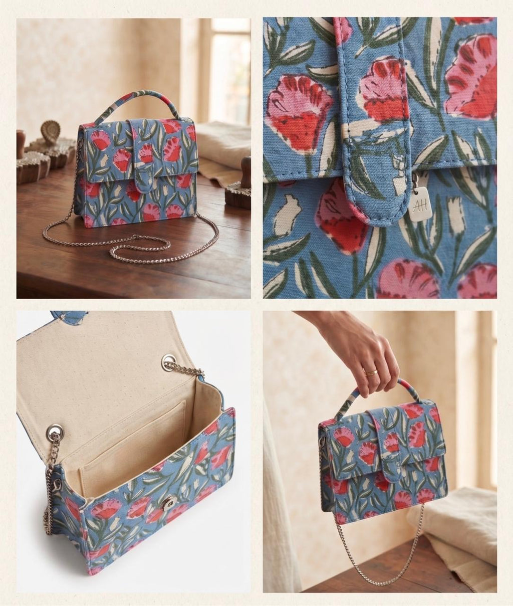 Luxury Hand-Block Print Sling Bag | Women’s Leather-Lined Crossbody l Blue and Red Colour
