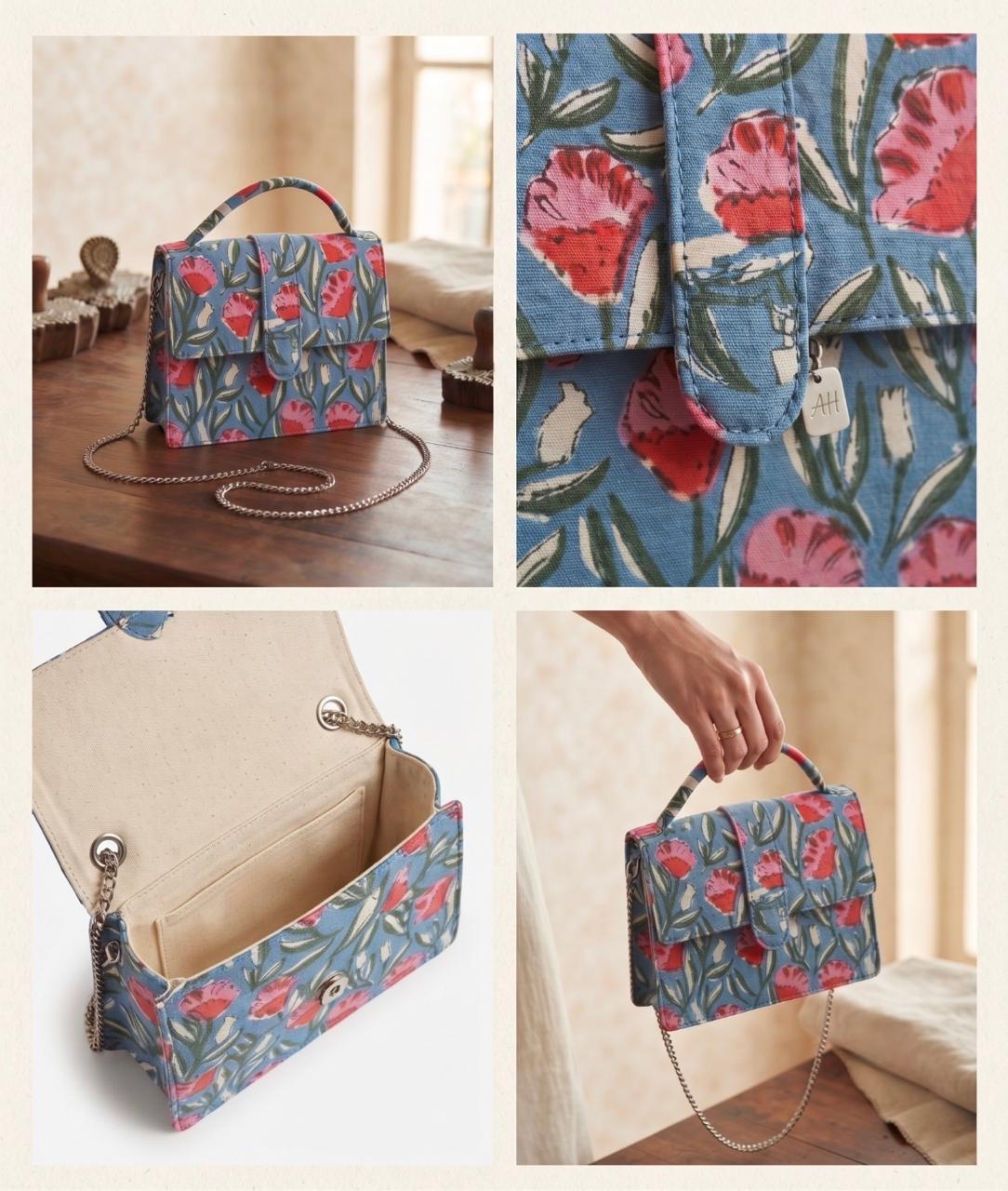 Luxury Hand-Block Print Sling Bag | Women’s Leather-Lined Crossbody l Blue and Red Colour