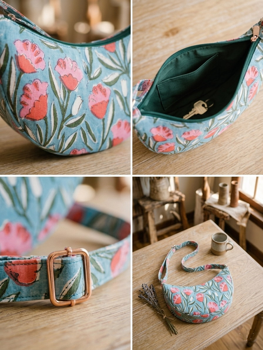 Exquisite Hand-Blocked Cotton Shoulder Bag Blue and Pink – Premium Leather Lined Accessory