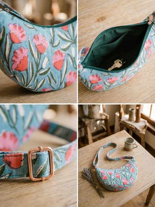 Exquisite Hand-Blocked Cotton Shoulder Bag Blue and Pink – Premium Leather Lined Accessory