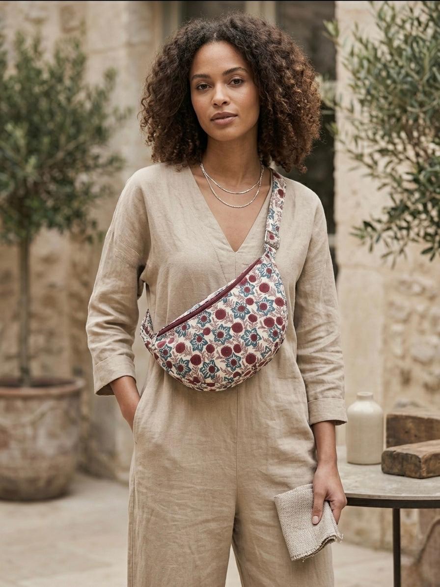Exquisite Hand-Blocked Cotton Shoulder Red and White Bag – Premium Leather Lined Accessory