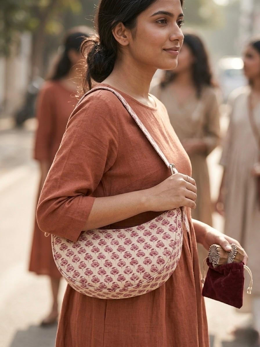 Exquisite Hand-Blocked Cotton Shoulder Pink and White Bag – Premium Leather Lined Accessory