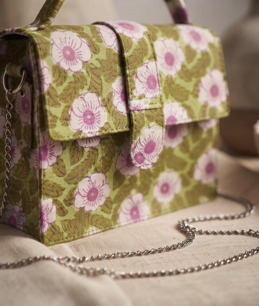 Luxury Hand-Block Print Sling Bag | Women’s Leather-Lined Crossbody l Green and White Colour