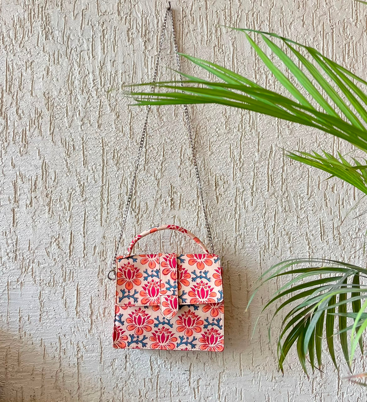 Luxury Hand-Block Print Sling Bag | Women’s Leather-Lined Crossbody l Blue and Orange Colour