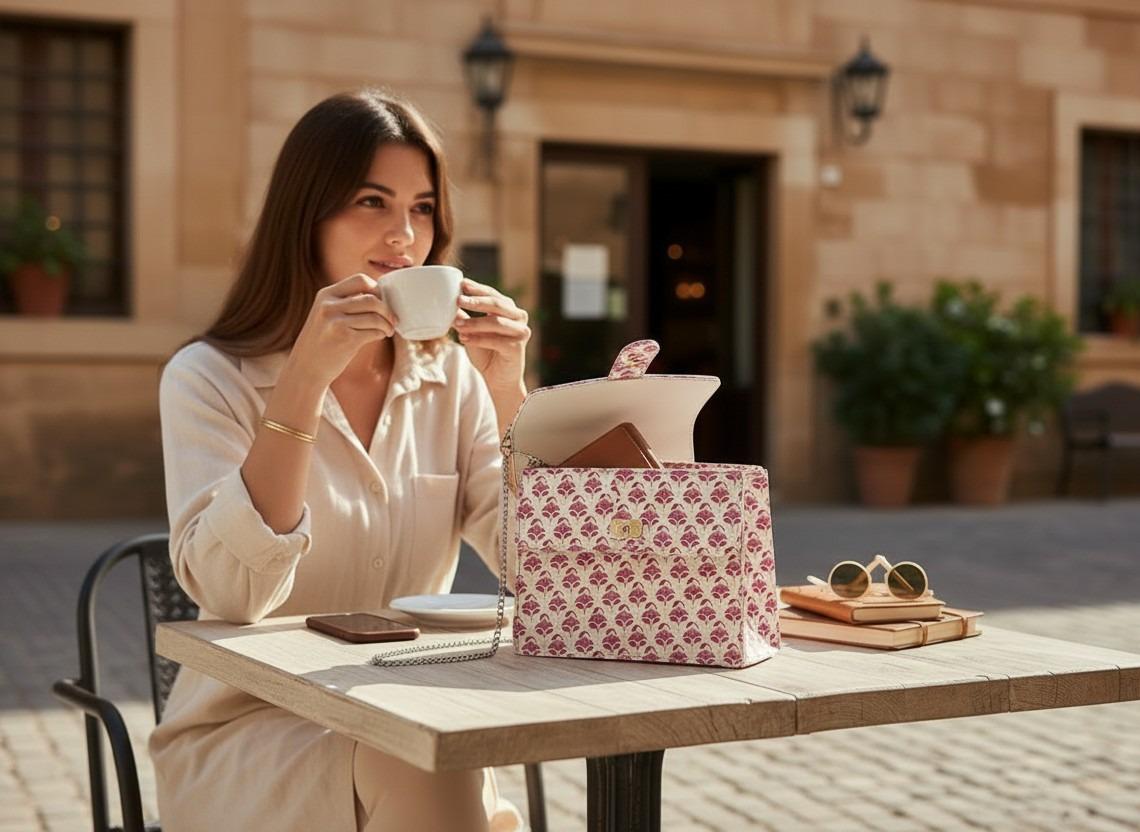Luxury Hand-Block Print Sling Bag | Women’s Leather-Lined Crossbody l Pink and White Colour