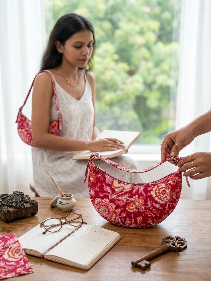 Exquisite Hand-Blocked Cotton Shoulder Red and White Bag – Premium Leather Lined Accessory