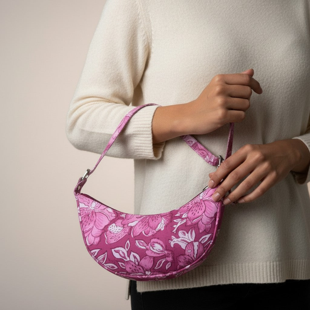 Exquisite Hand-Blocked Cotton Shoulder Pink Colour Bag – Premium Leather Lined Accessory