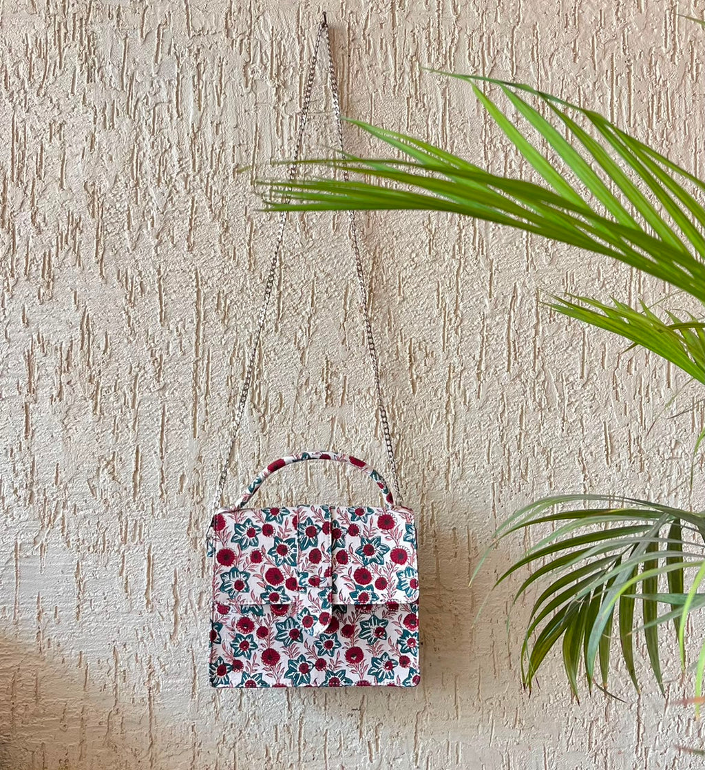 Luxury Hand-Block Print Sling Bag | Women’s Leather-Lined Crossbody l Red and White Colour