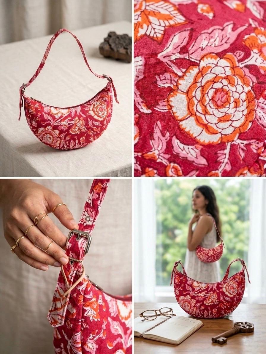 Exquisite Hand-Blocked Cotton Shoulder Red and White Bag – Premium Leather Lined Accessory