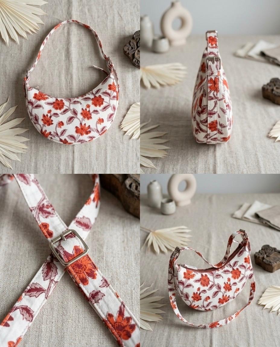 Exquisite Hand-Blocked Cotton Shoulder Red and White Bag – Premium Leather Lined Accessory