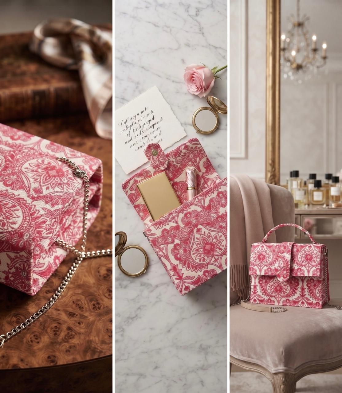 Luxury Hand-Block Print Sling Bag | Women’s Leather-Lined Crossbody l Pink and White Colour