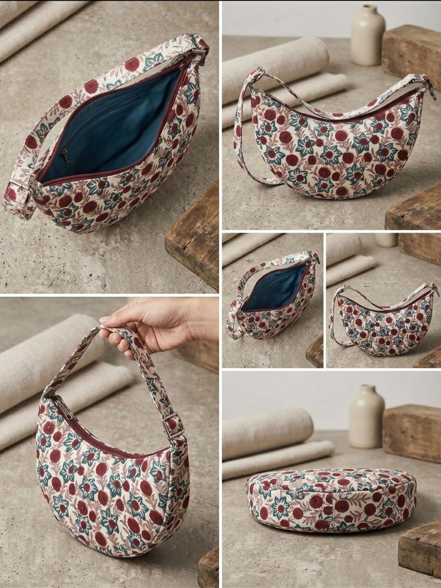 Exquisite Hand-Blocked Cotton Shoulder Red and White Bag – Premium Leather Lined Accessory