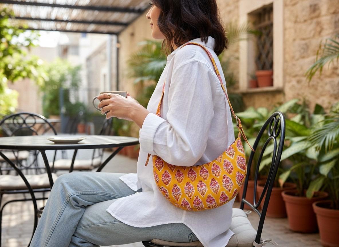 Exquisite Hand-Blocked Cotton Shoulder Yellow and Pink Bag – Premium Leather Lined Accessory