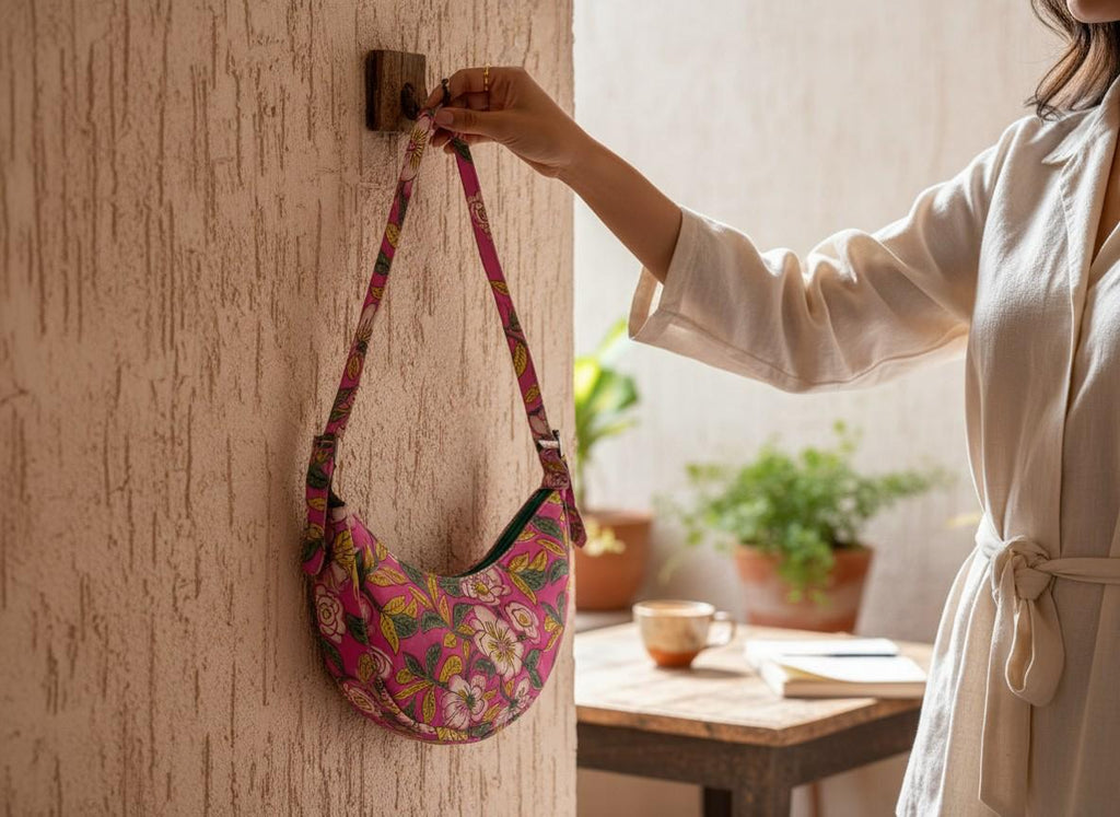 Exquisite Hand-Blocked Cotton Shoulder Pink and Green Bag – Premium Leather Lined Accessory