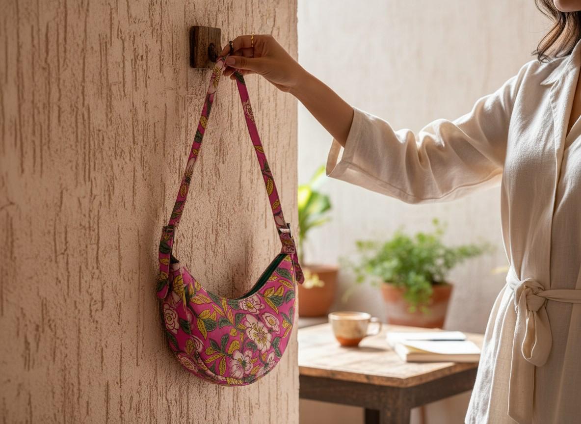 Exquisite Hand-Blocked Cotton Shoulder Pink and Green Bag – Premium Leather Lined Accessory