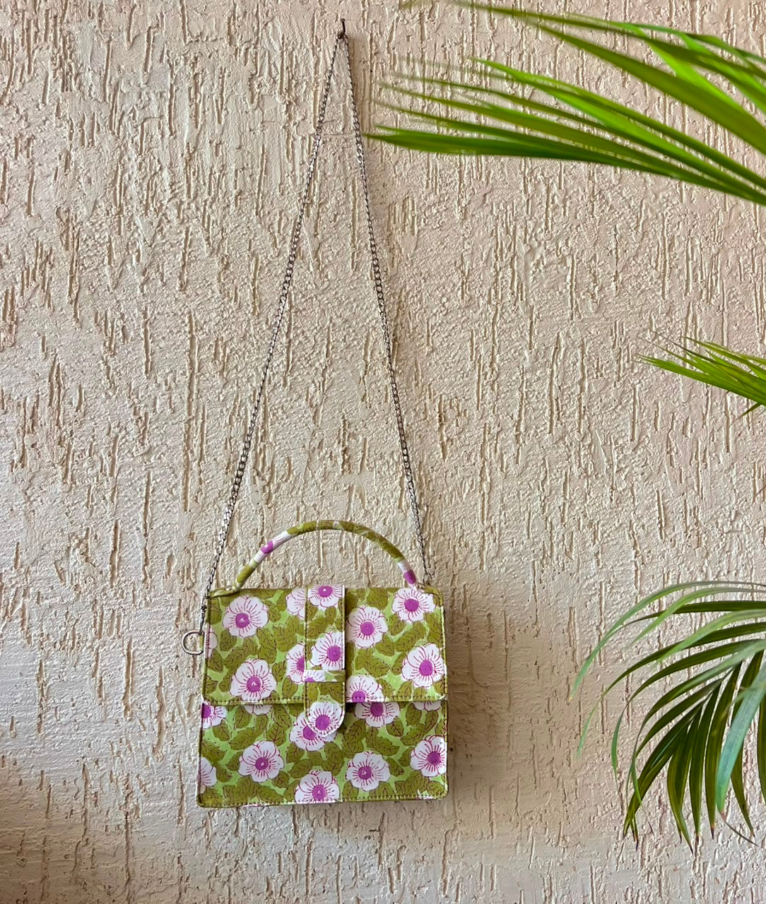 Luxury Hand-Block Print Sling Bag | Women’s Leather-Lined Crossbody l Green and White Colour
