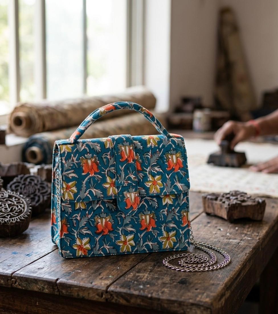 Luxury Hand-Block Print Sling Bag | Women’s Leather-Lined Crossbody l Blue and Orange Colour