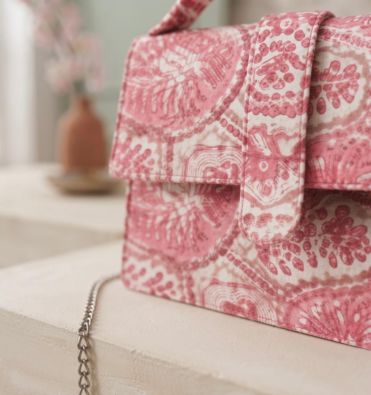 Luxury Hand-Block Print Sling Bag | Women’s Leather-Lined Crossbody l Pink and White Colour