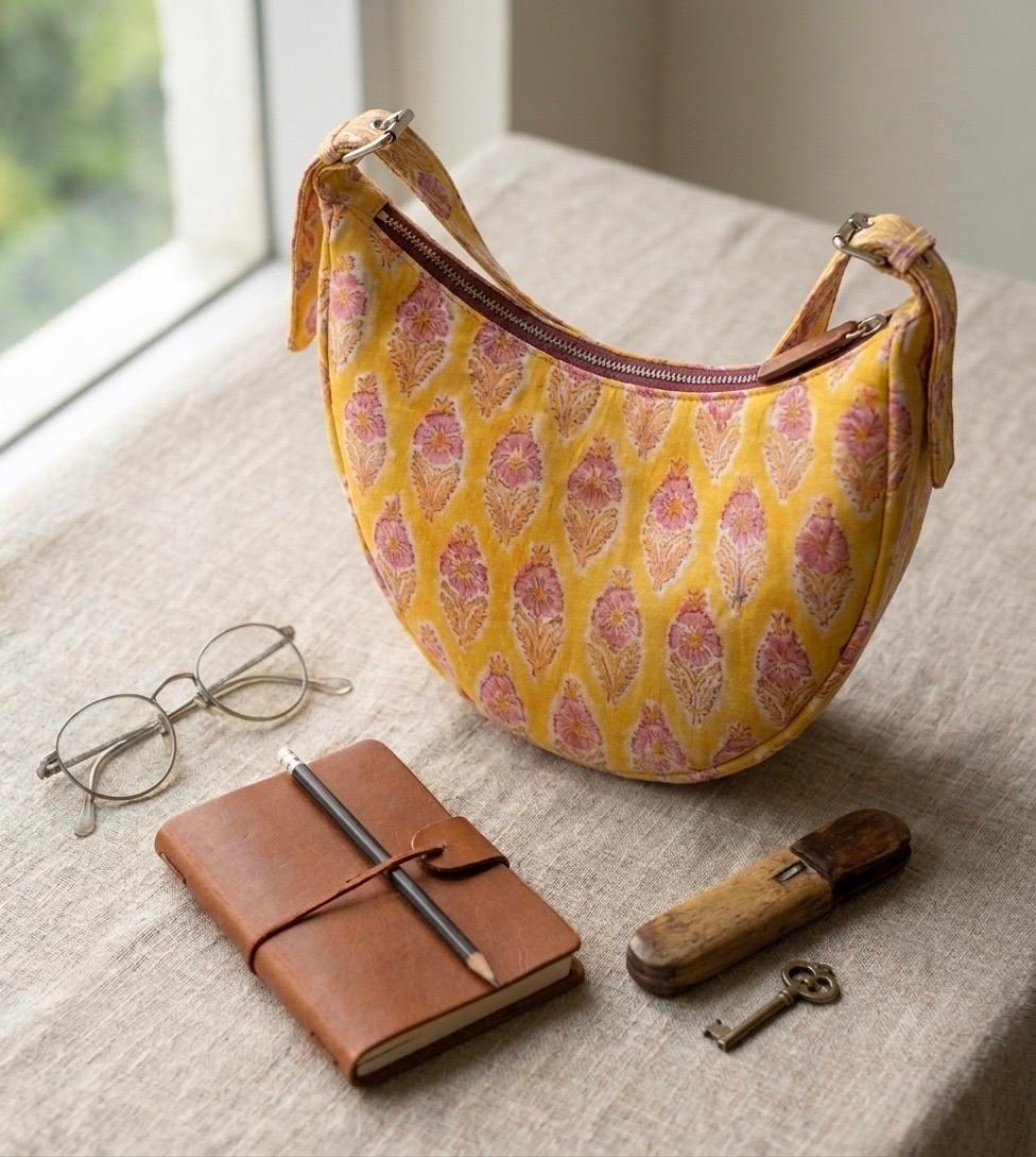 Exquisite Hand-Blocked Cotton Shoulder Yellow colour Bag – Premium Leather Lined Accessory