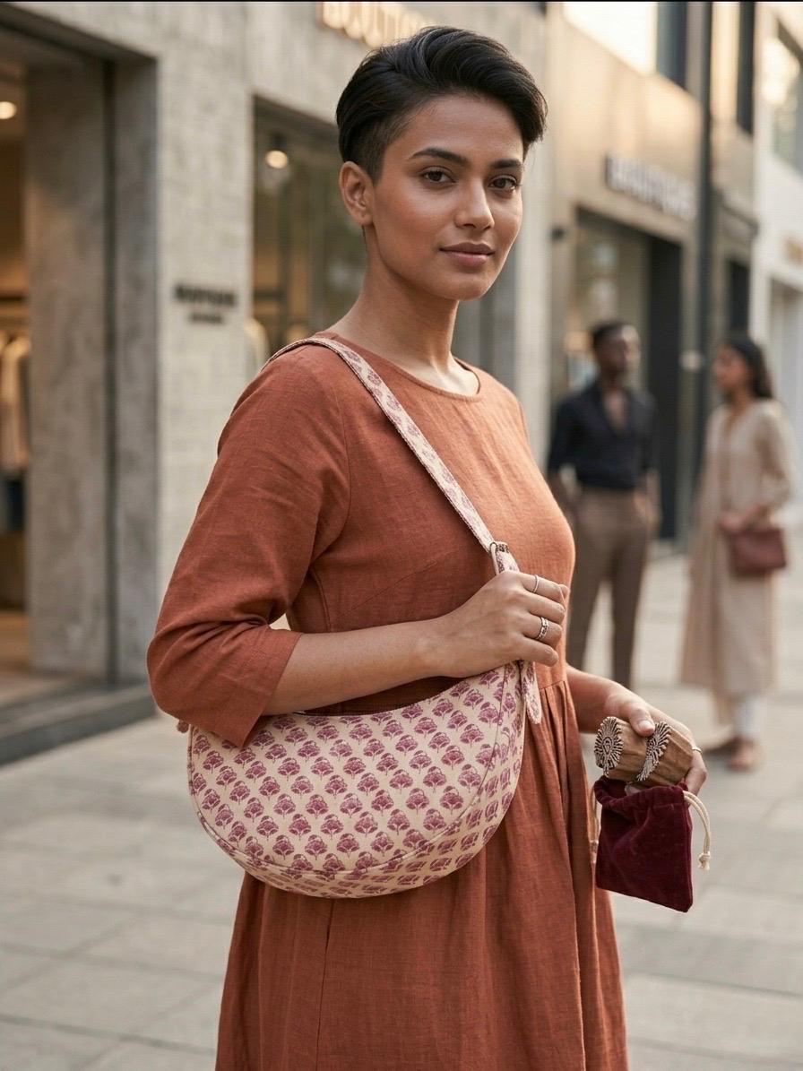 Exquisite Hand-Blocked Cotton Shoulder Pink and White Bag – Premium Leather Lined Accessory