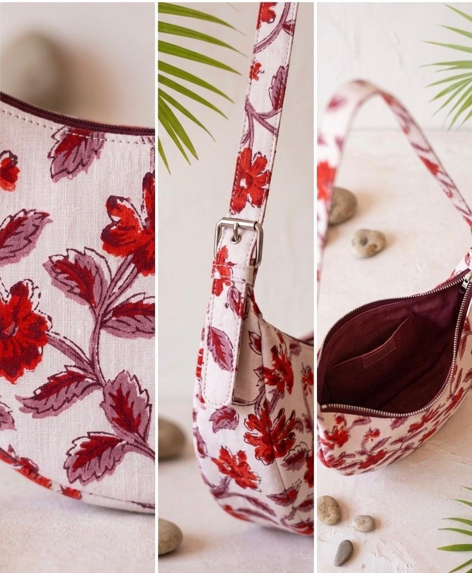 Exquisite Hand-Blocked Cotton Shoulder Red and White Bag – Premium Leather Lined Accessory