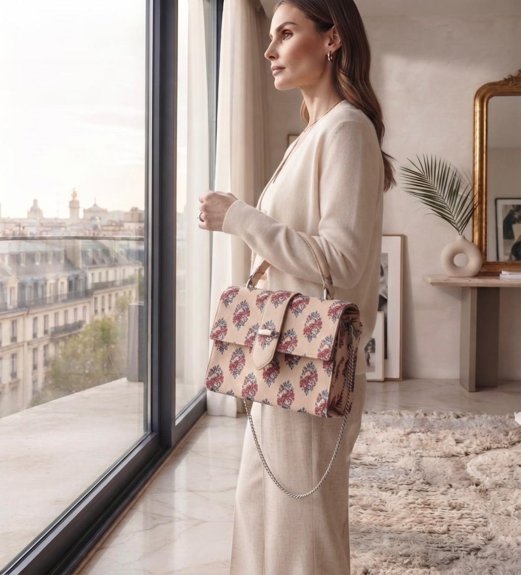 Luxury Hand-Block Print Sling Bag | Women’s Leather-Lined Crossbody l Beige and Red Colour