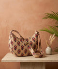 Exquisite Hand-Blocked Cotton Shoulder Red and Beige Bag – Premium Leather Lined Accessory