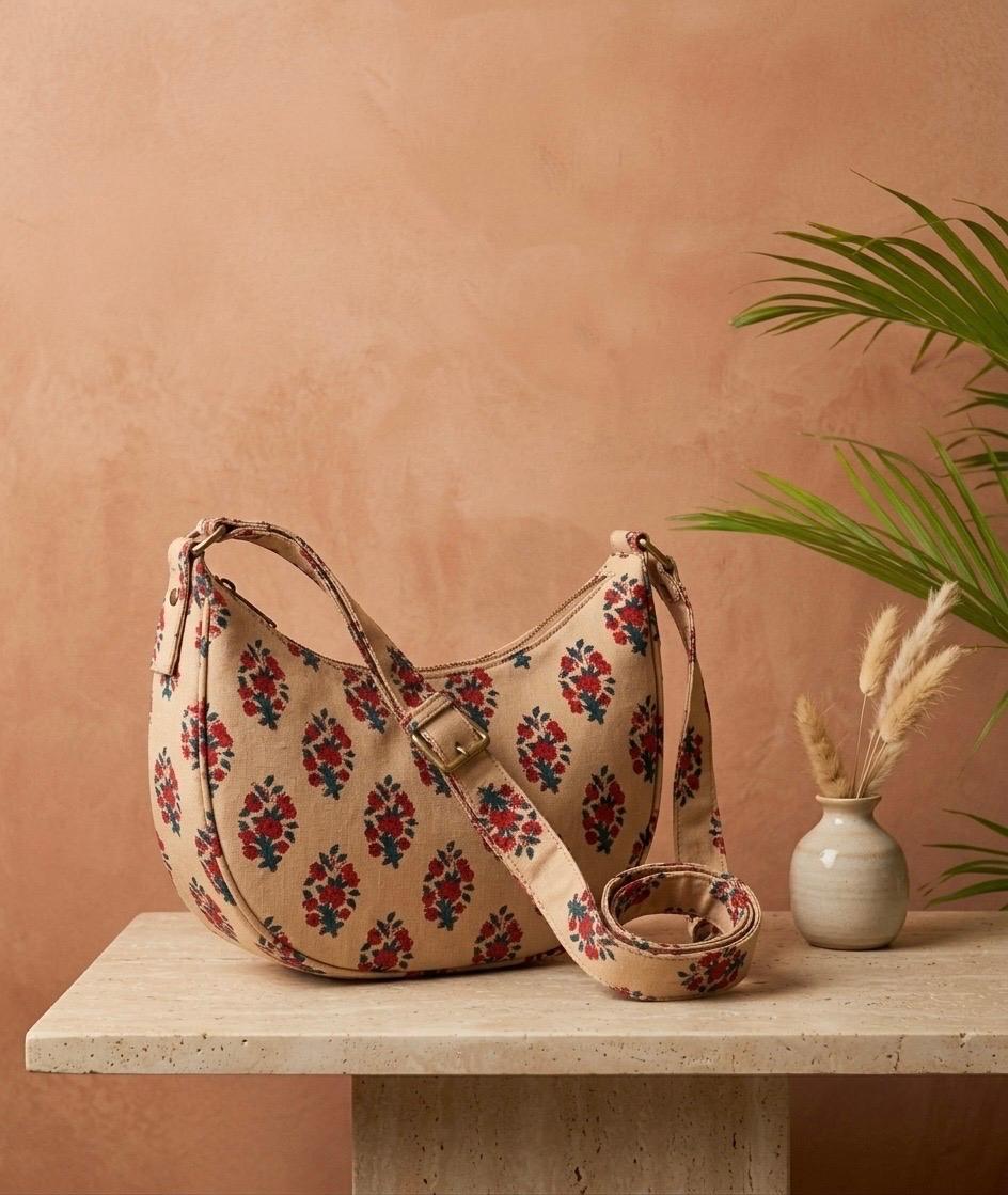 Exquisite Hand-Blocked Cotton Shoulder Red and Beige Bag – Premium Leather Lined Accessory