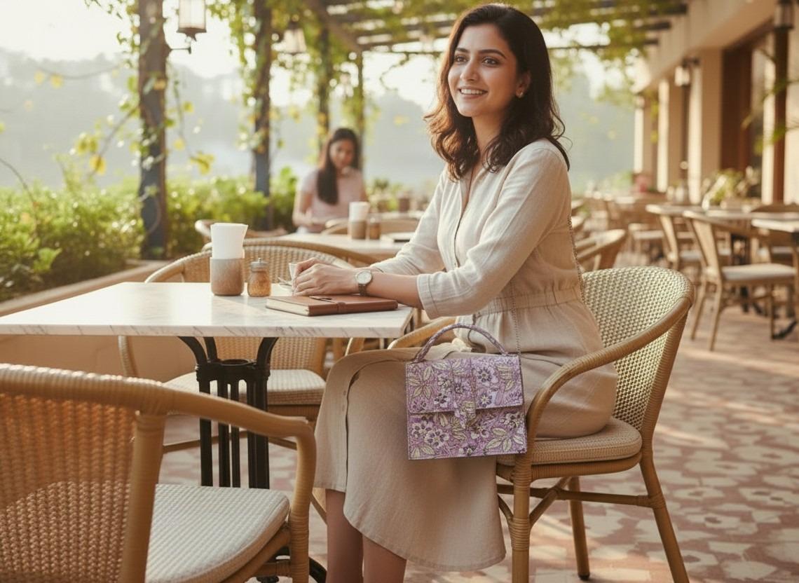 Luxury Hand-Block Print Sling Bag | Women’s Leather-Lined Crossbody l Purple and White Colour