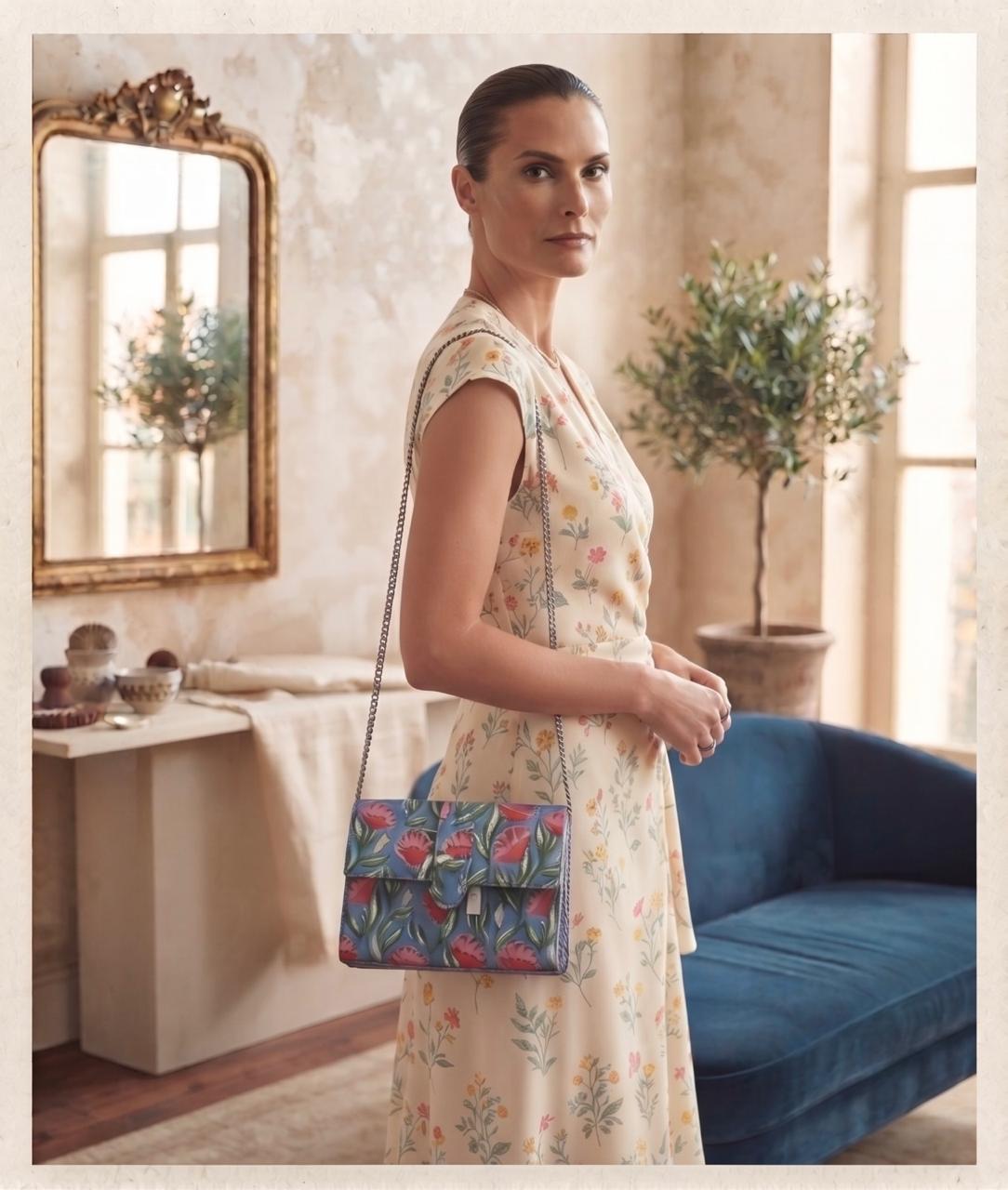 Luxury Hand-Block Print Sling Bag | Women’s Leather-Lined Crossbody l Blue and Red Colour