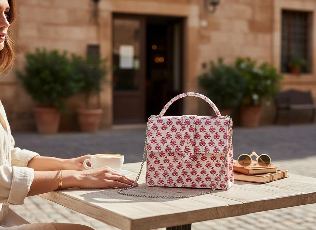 Luxury Hand-Block Print Sling Bag | Women’s Leather-Lined Crossbody l Pink and White Colour