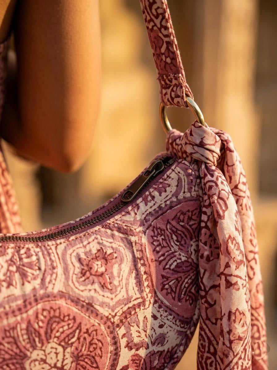 Exquisite Hand-Blocked Cotton Shoulder Pink Colour Bag – Premium Leather Lined Accessory