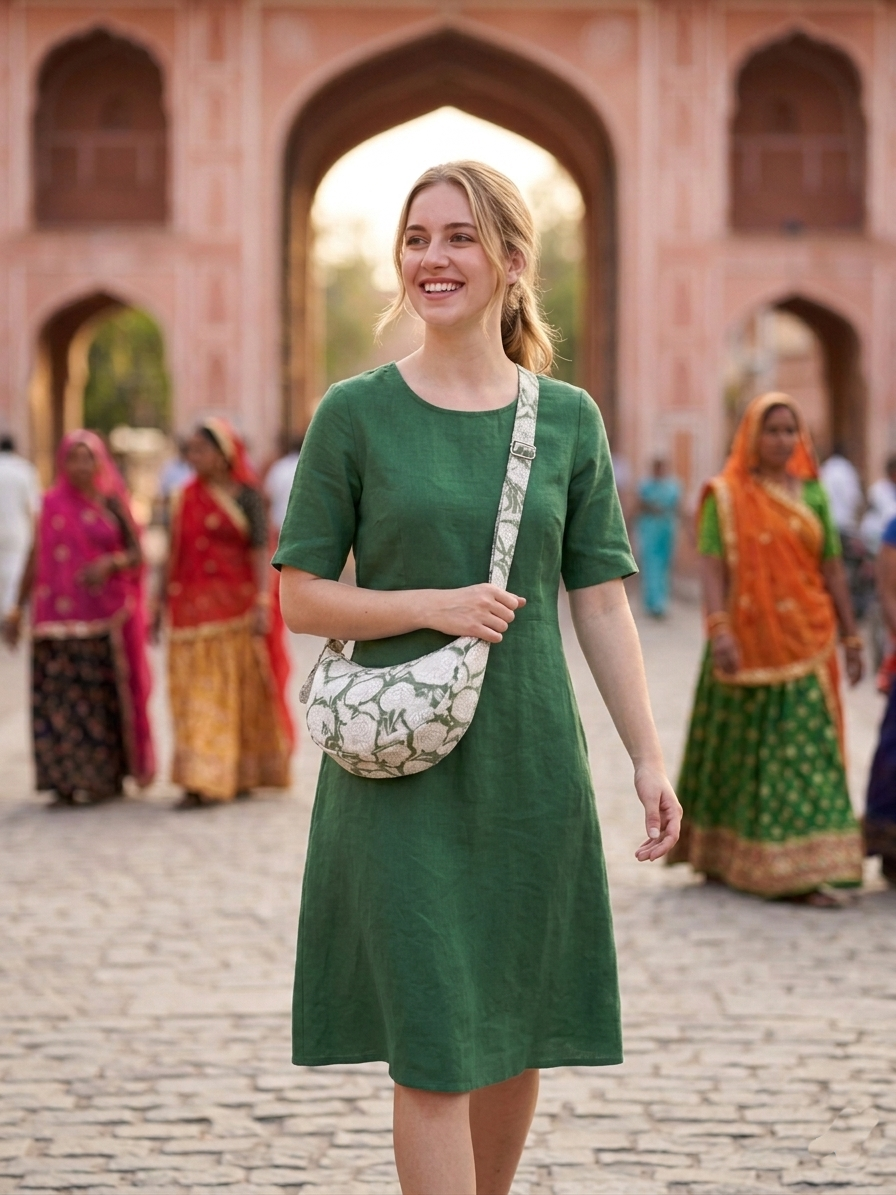 Exquisite Hand-Blocked Cotton Shoulder Green Colour Bag – Premium Leather Lined Accessory
