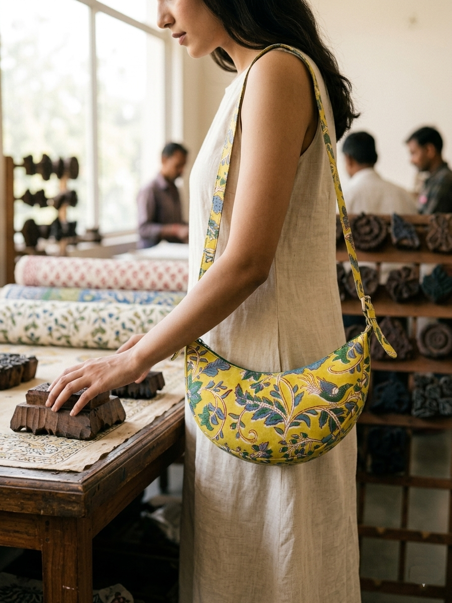 Exquisite Hand-Blocked Cotton Shoulder Yellow and Green Bag – Premium Leather Lined Accessory