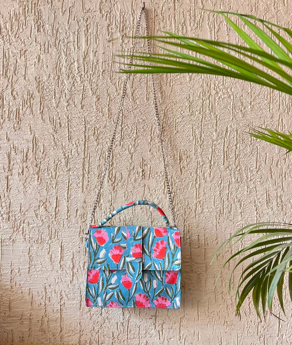 Luxury Hand-Block Print Sling Bag | Women’s Leather-Lined Crossbody l Blue and Red Colour