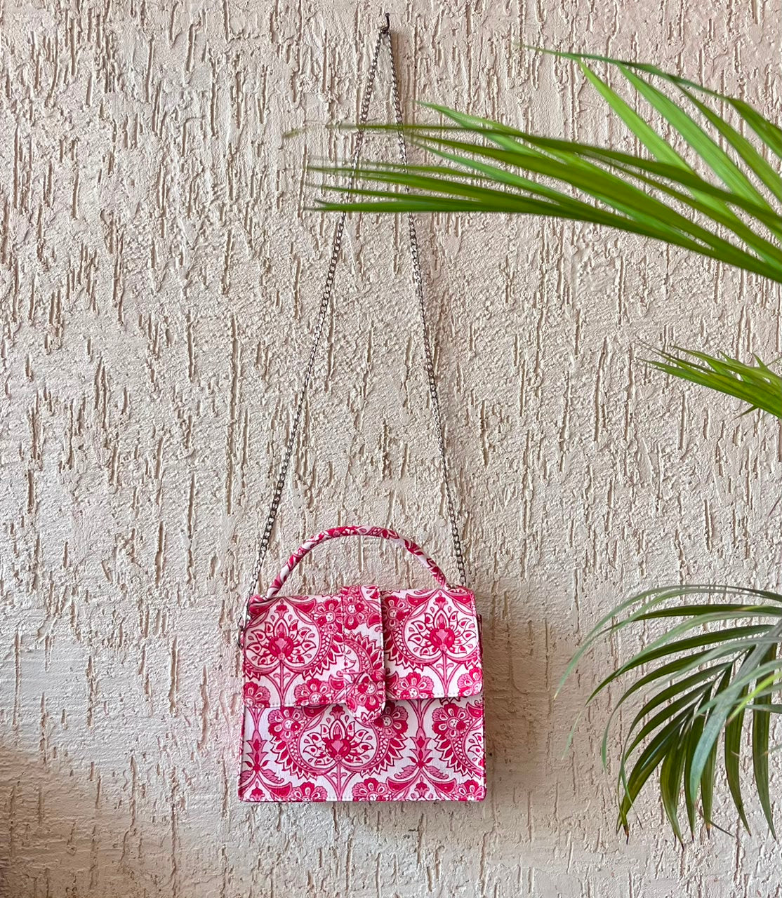 Luxury Hand-Block Print Sling Bag | Women’s Leather-Lined Crossbody l Pink and White Colour