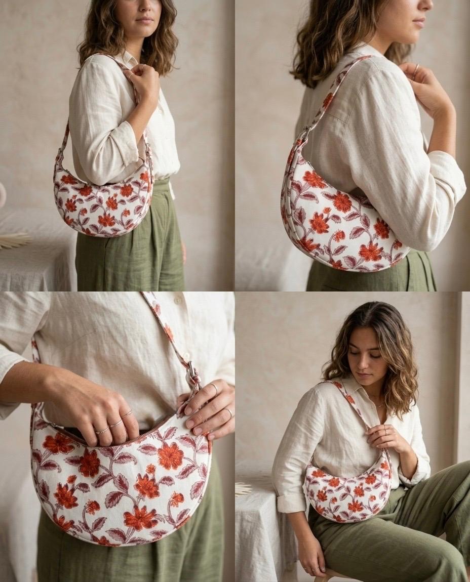 Exquisite Hand-Blocked Cotton Shoulder Red and White Bag – Premium Leather Lined Accessory