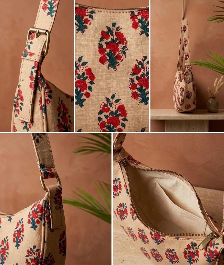 Exquisite Hand-Blocked Cotton Shoulder Red and Beige Bag – Premium Leather Lined Accessory