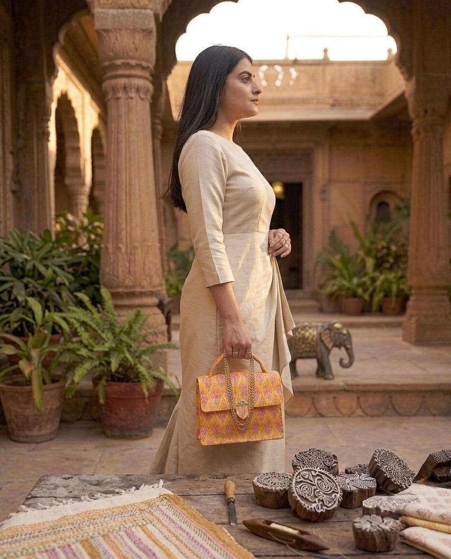 Luxury Hand-Block Print Sling Bag | Women’s Leather-Lined Crossbody l Yellow and Pink Colour
